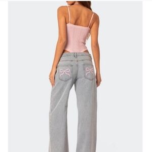 Edikted Gray Wide Leg Bow Accent Jeans NWT S